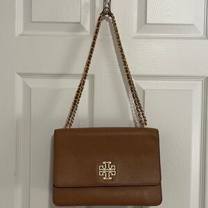 Tory Burch Britten Light Brown Pebbled Leather Convertible Shoulder Purse EUC